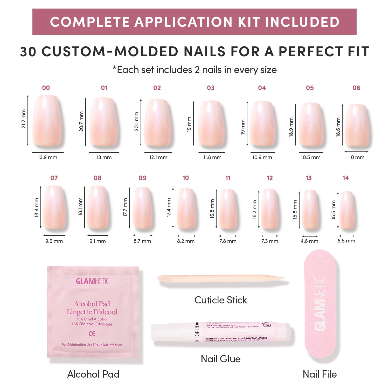 Glamnetic kit de 30 ongles en 15 tailles, rangement pratique