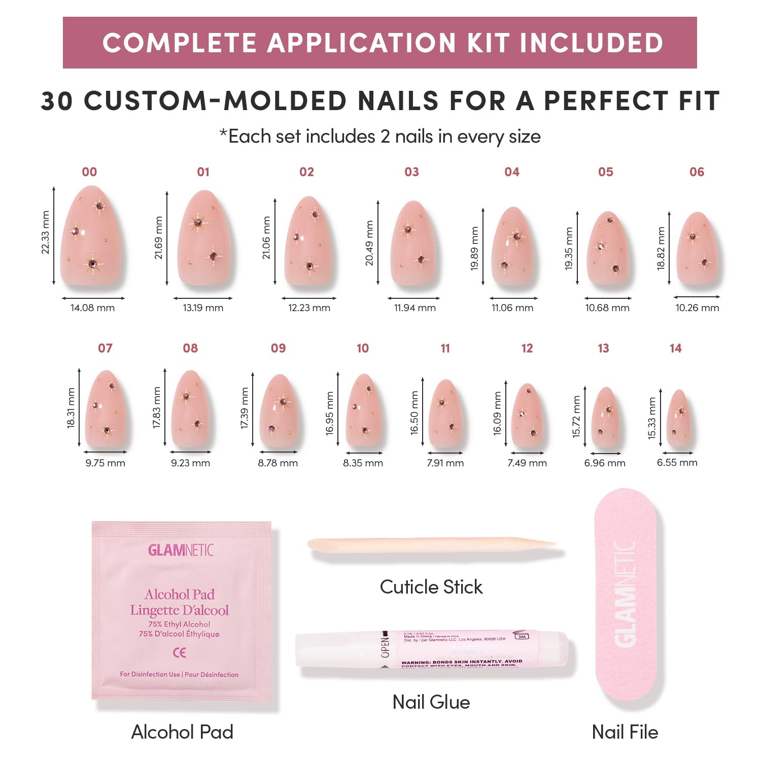 Glamnetic kit de uñas 30 piezas en 15 tallas para ajuste personalizado.