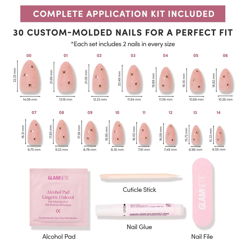 Glamnetic kit de uñas 30 piezas en 15 tallas para ajuste personalizado.