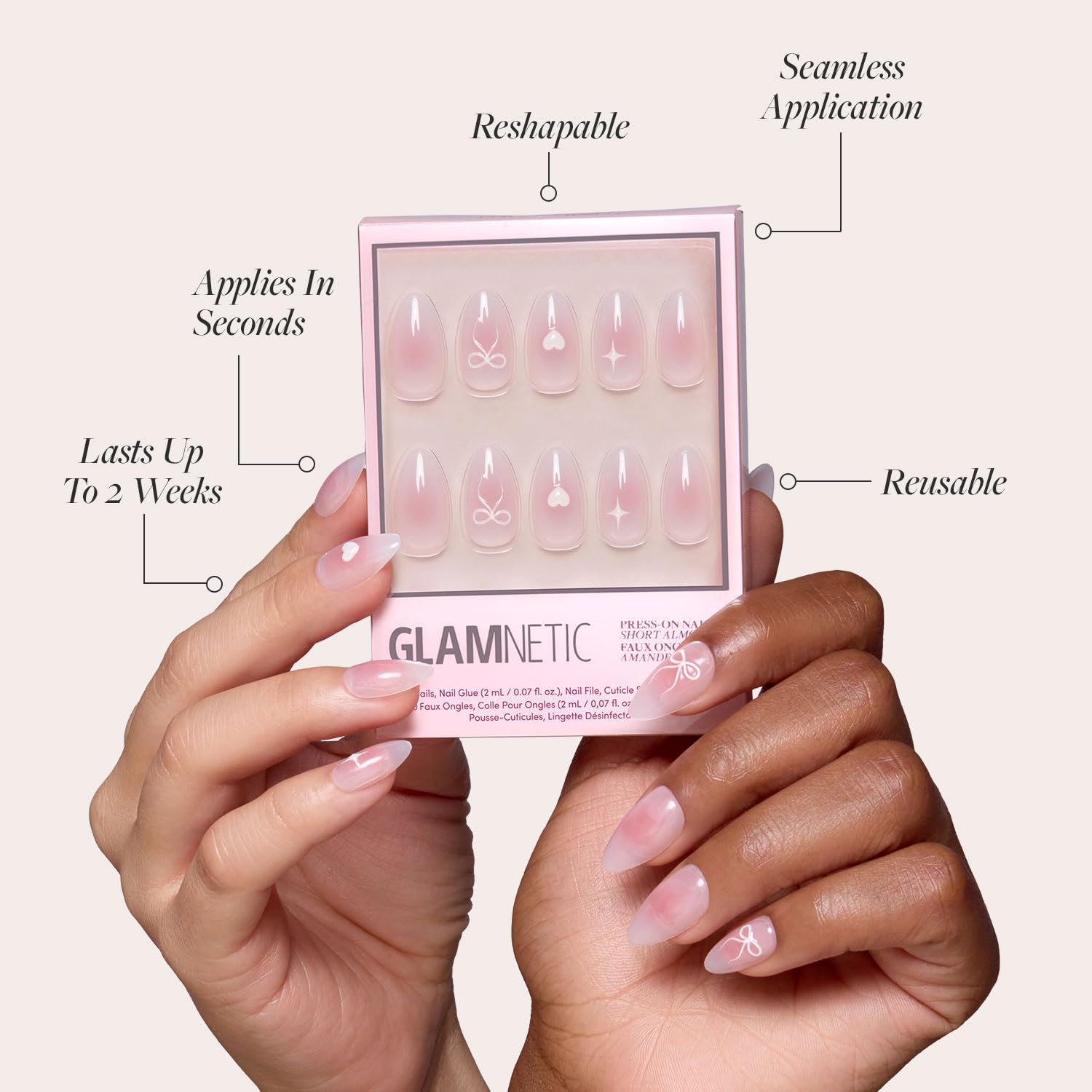 Glamnetic kit uñas 30 piezas en 15 tallas para ajuste personalizado.