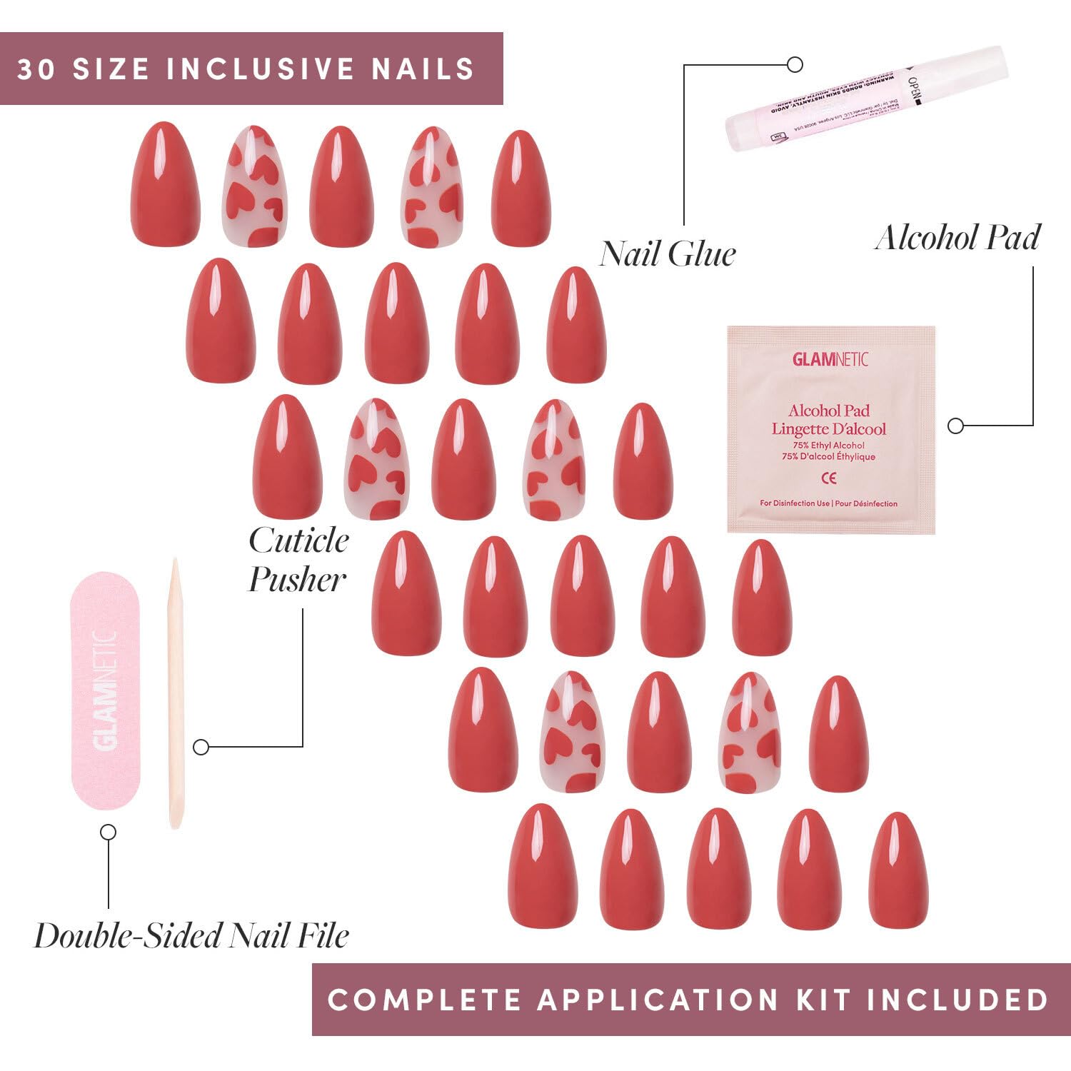 Glamnetic Love Me: uñas almendra corta rojas con corazón para ocasiones.