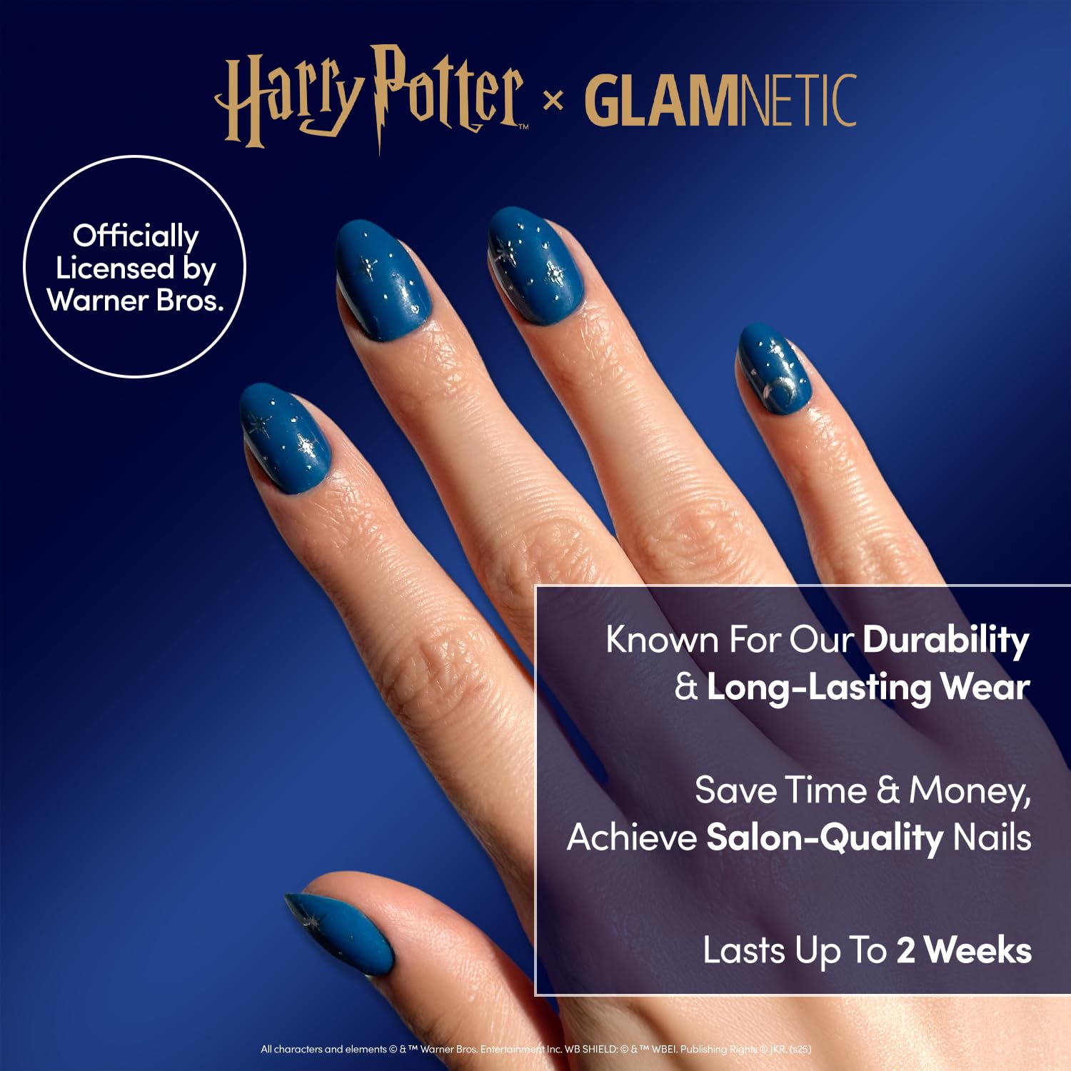 Glamnetic Luna Lovegood short oval nails in glossy blue finish for everyday chic