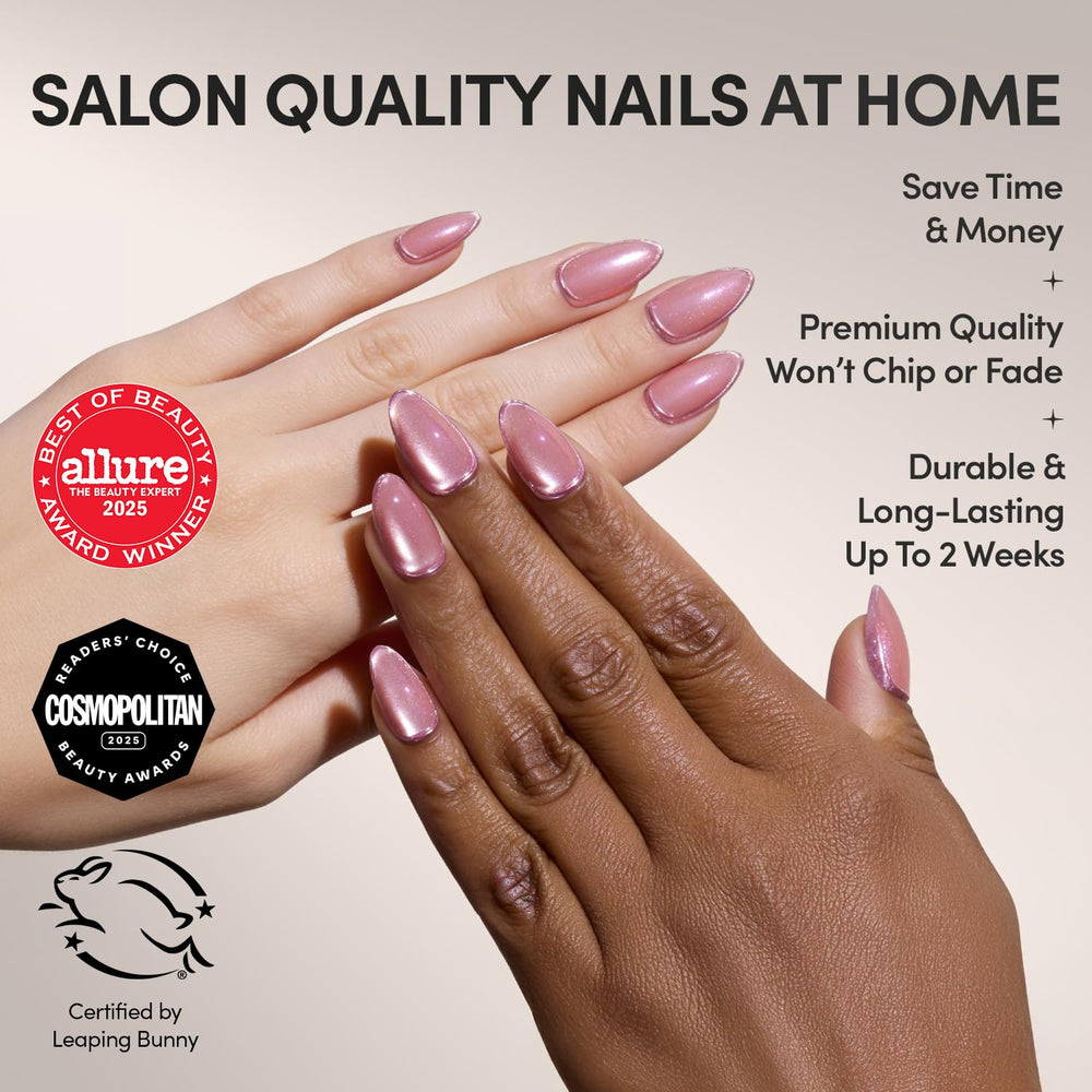 Glamnetic Mertini : ongles amande rose avec finition soignée