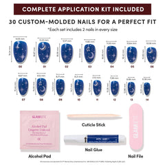 Glamnetic nail kit contents with glue, file, cuticle stick and alcohol pad