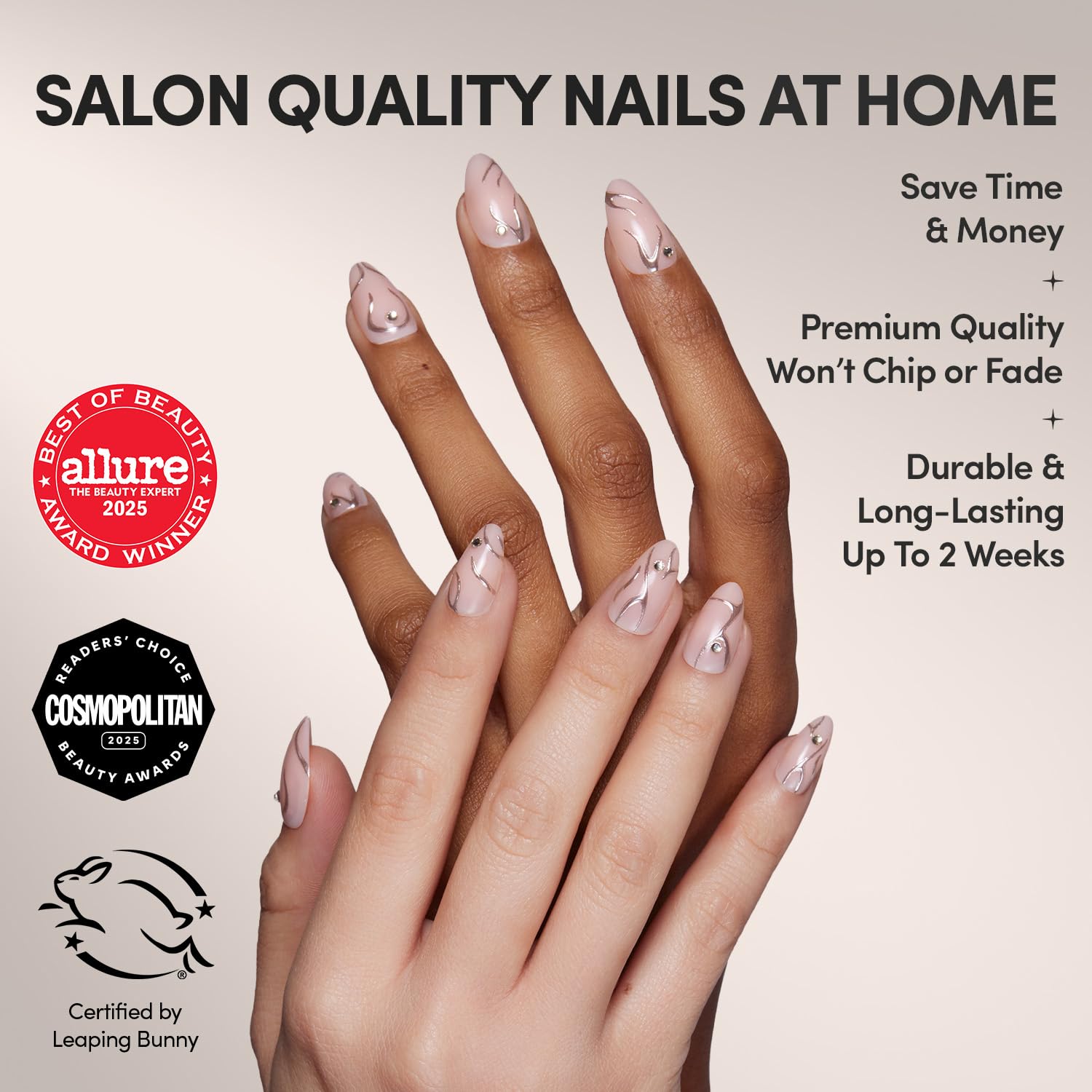 Ongles Glamnetic Astro, amande courte avec finition brillante et motif métallique