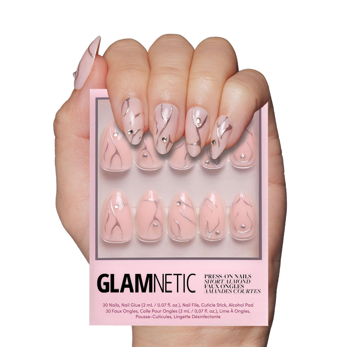 Ongles Glamnetic Astro, spirale metallisée argentée en 3D pour un look audacieux