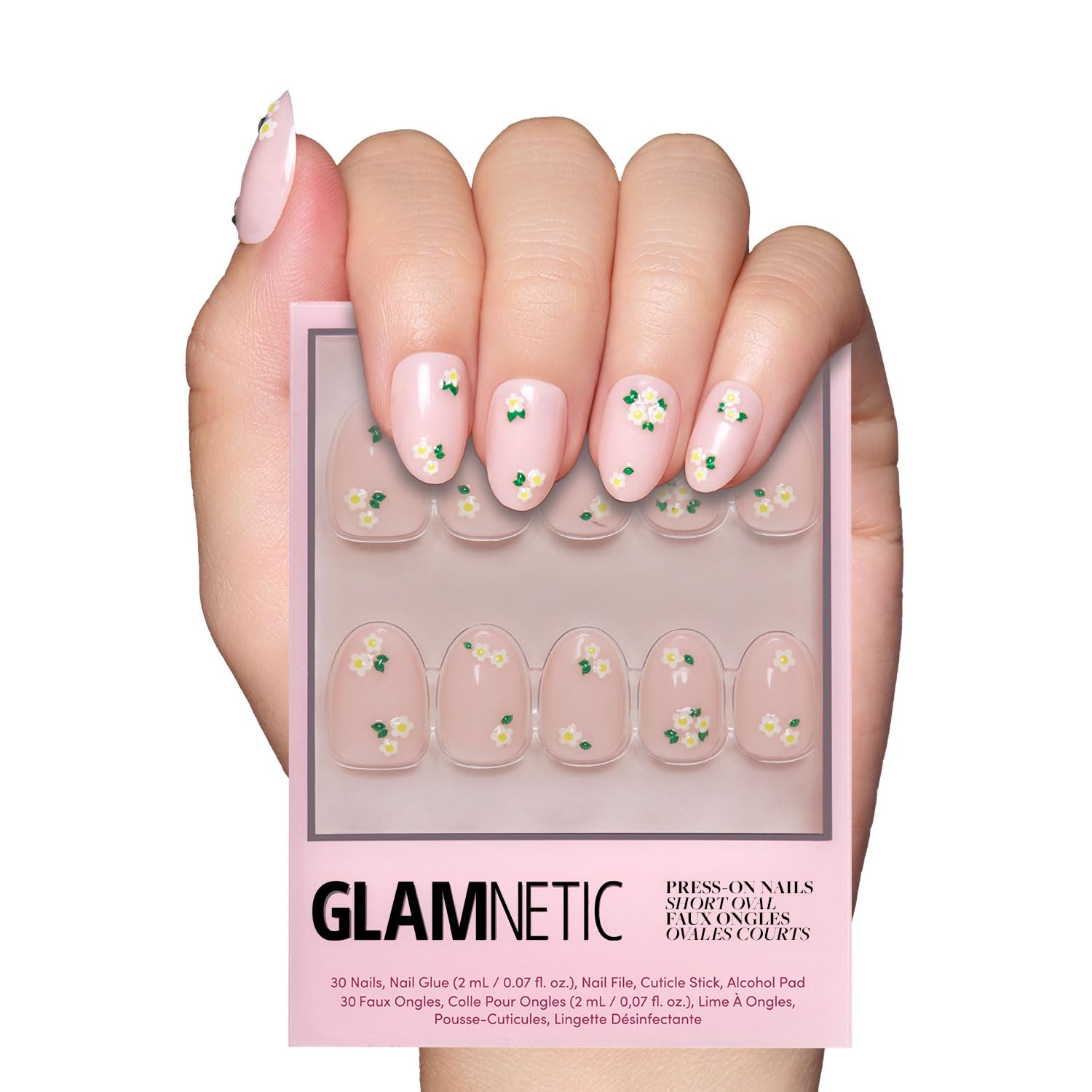 Glamnetic Petalos: uñas nude con flores para look diario.