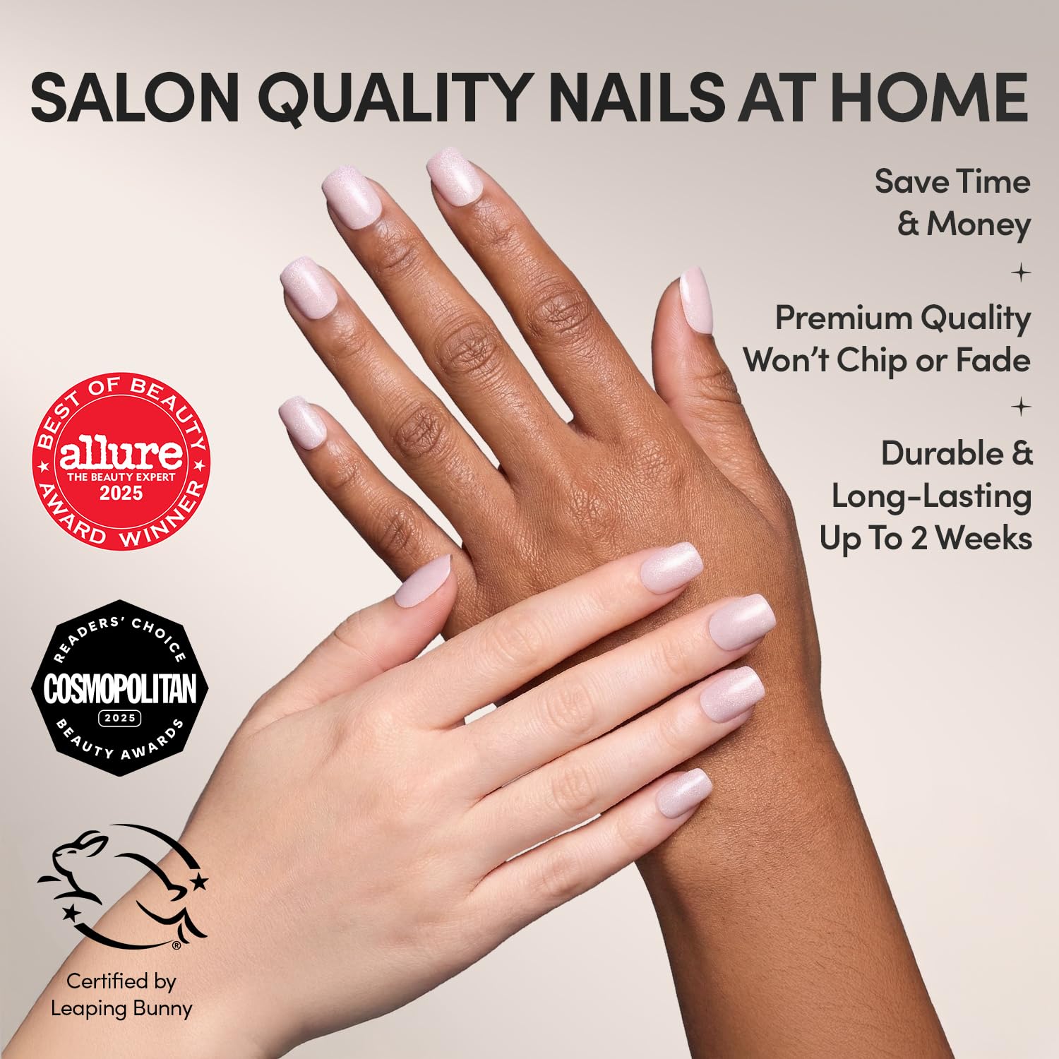 Glamnetic Pinky Promise con 30 uñas en 15 tallas para ajuste personalizado.