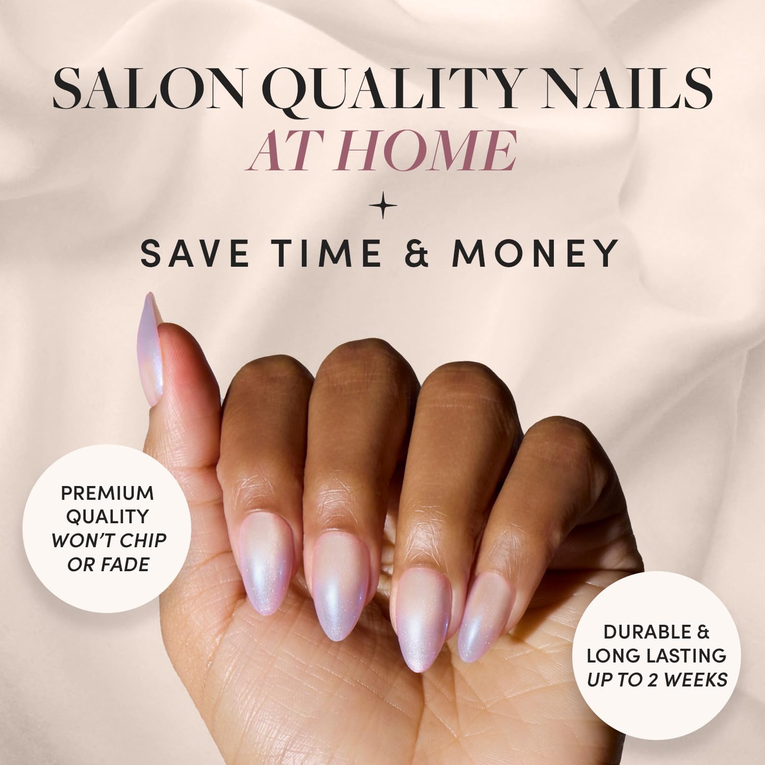 Glamnetic Polar Day: ongles en amande courts pour pose rapide et naturelle.