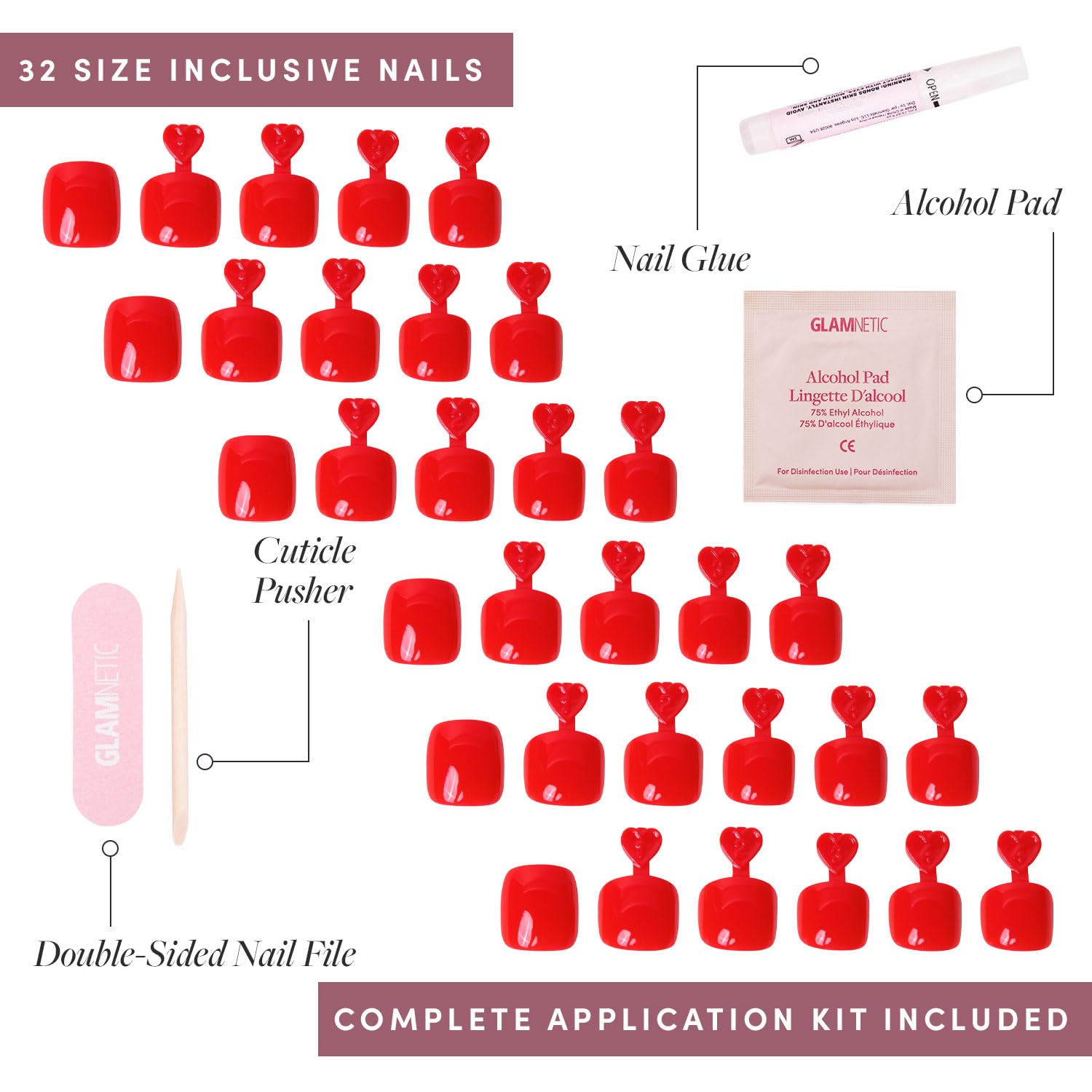 Glamnetic únas postizas Fiery Red, kit completo con uñas y accesorios para el look completo.