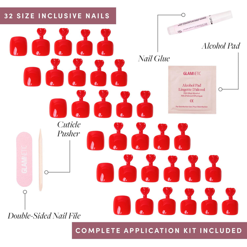 Glamnetic únas postizas Fiery Red, kit completo con uñas y accesorios para el look completo.