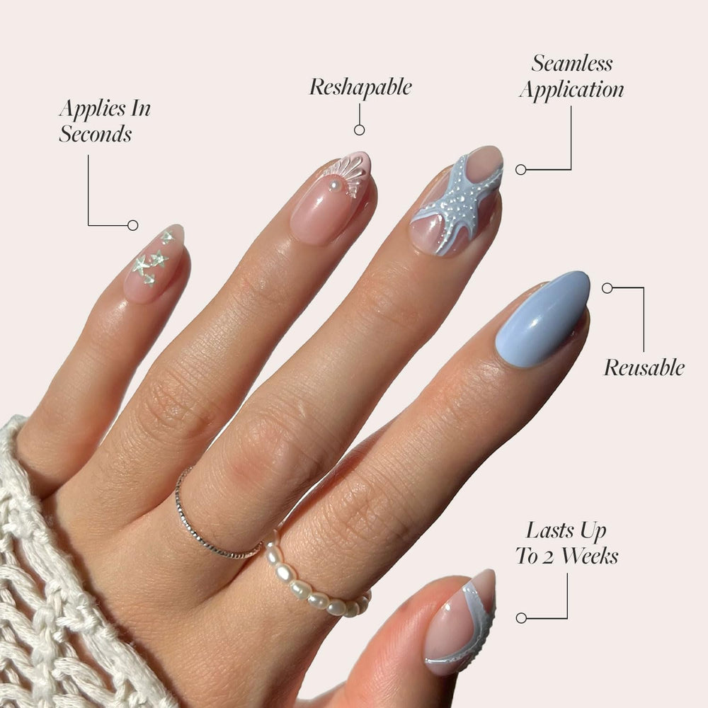 Glamnetic Salty Waves almond-shaped nails shown in close-up for natural elegance.