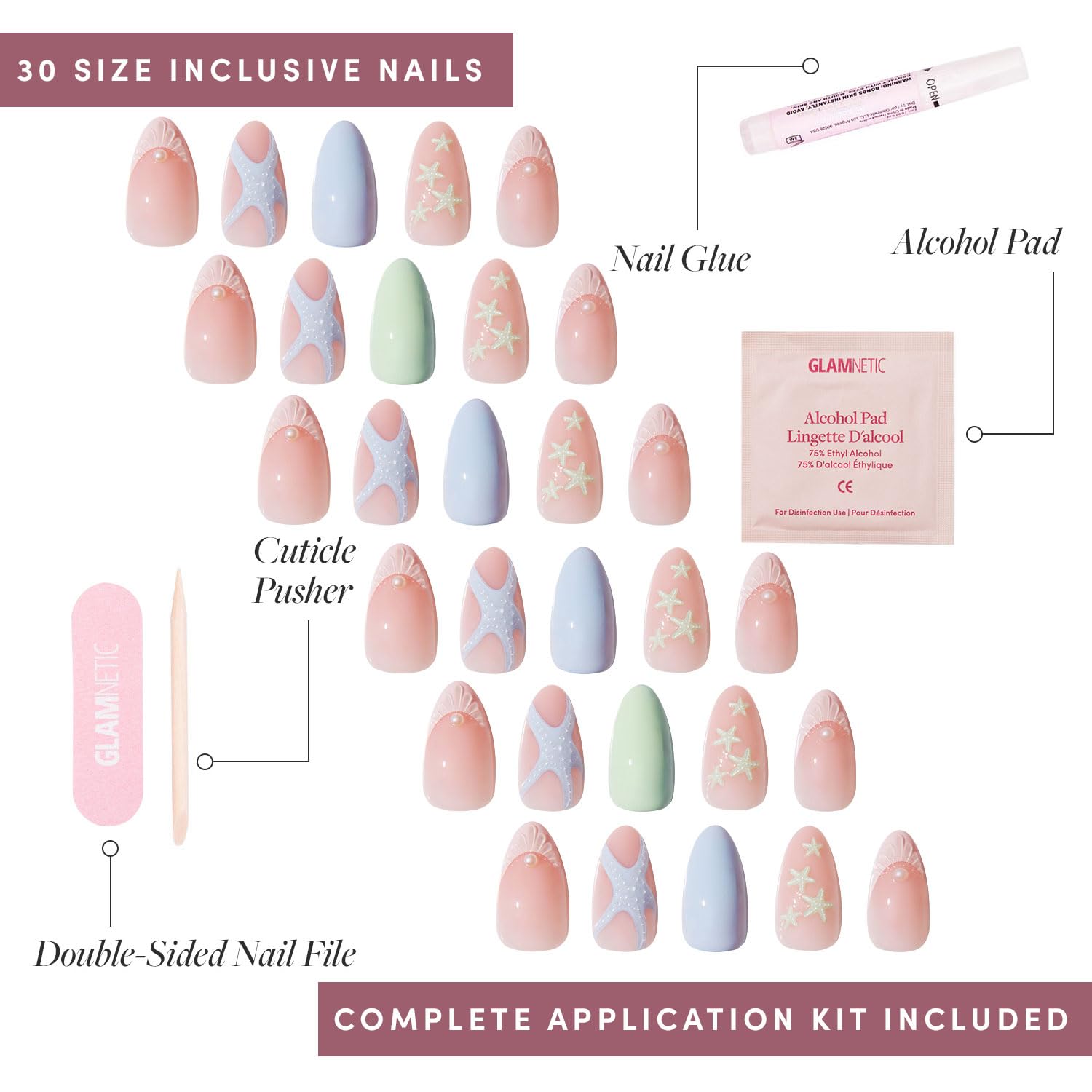 Glamnetic Salty Waves complete kit with glue and file for easy application.