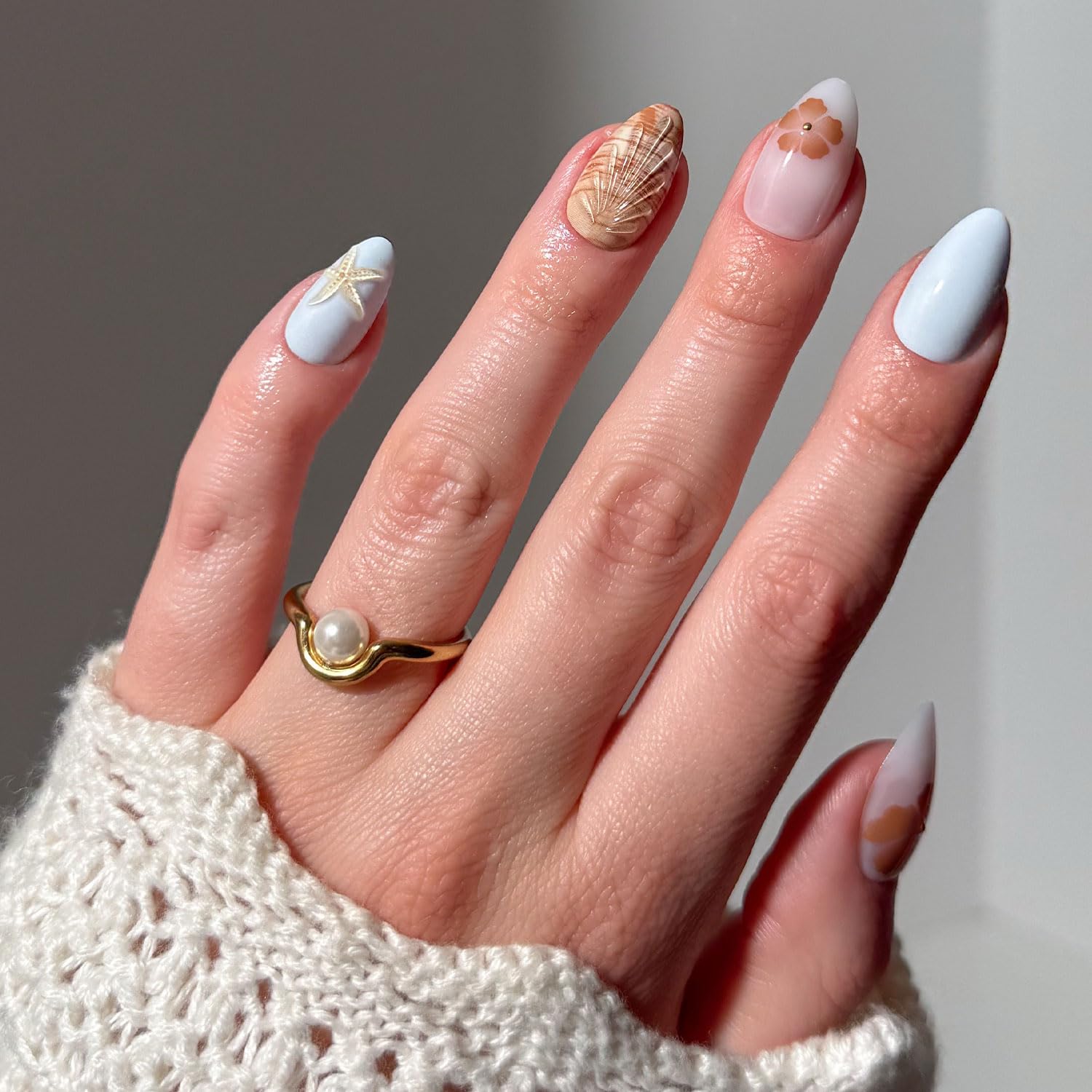 Glamnetic Sea Star short almond nails with 3D art for beach-ready style