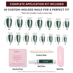 Glamnetic set de 30 uñas en 15 tallas para un ajuste personalizado.