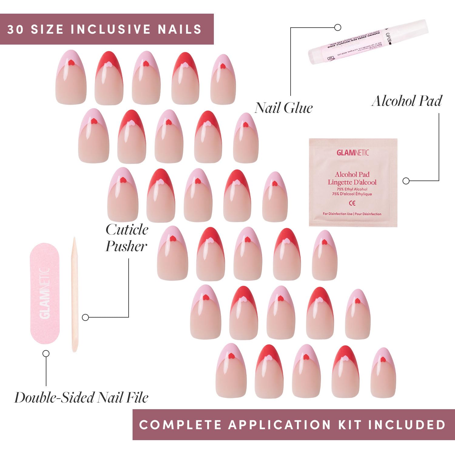 Set de Glamnetic con 30 uñas en 15 tallas para ajuste perfecto