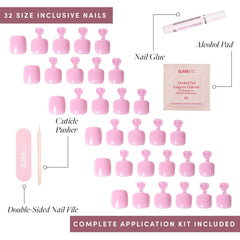 Glamnetic juego de 32 uñas en 16 tallas con accesorios incluidos.