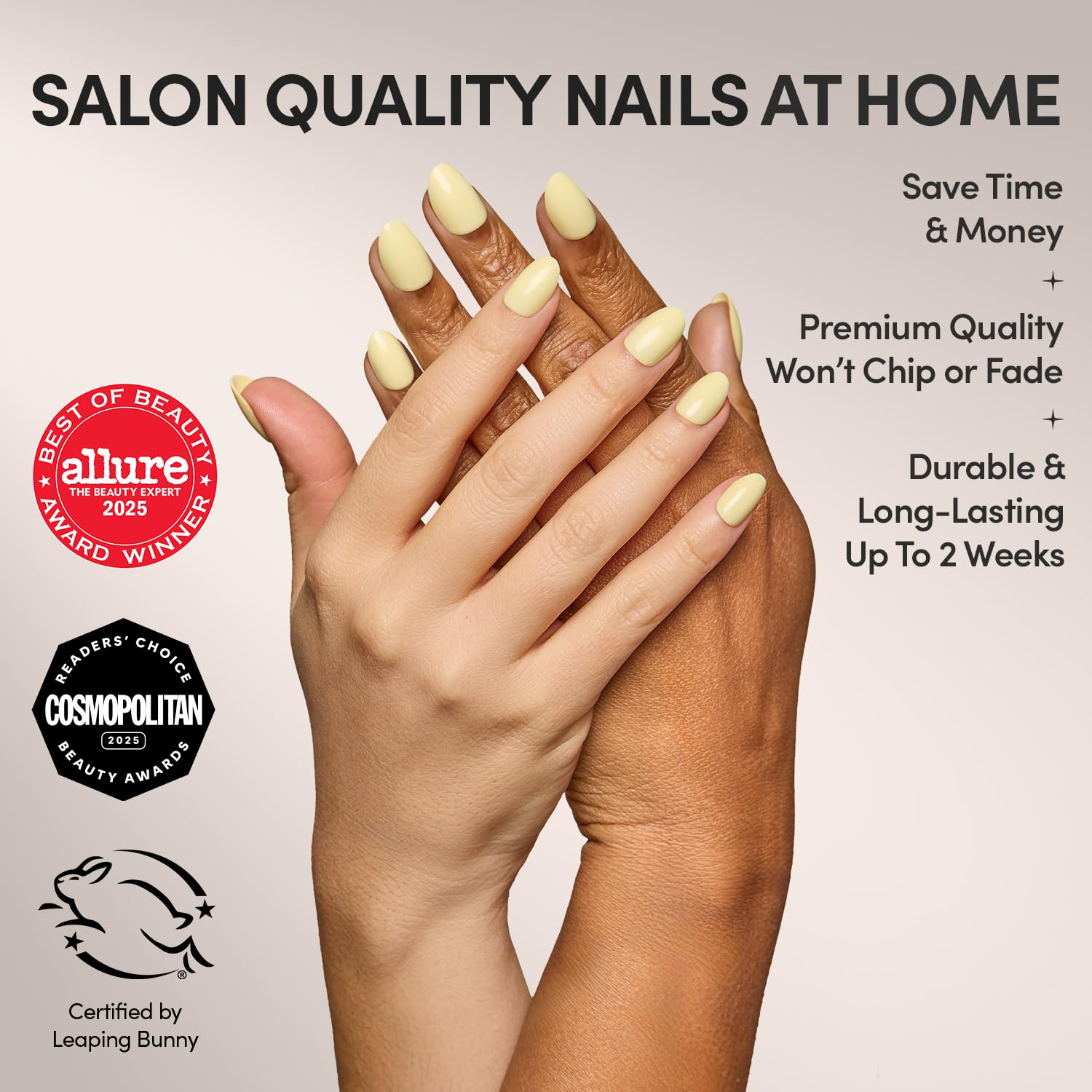 Glamnetic set de uñas amarillas pastel con acabado brillante para primavera