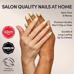 Glamnetic set de uñas amarillas pastel con acabado brillante para primavera