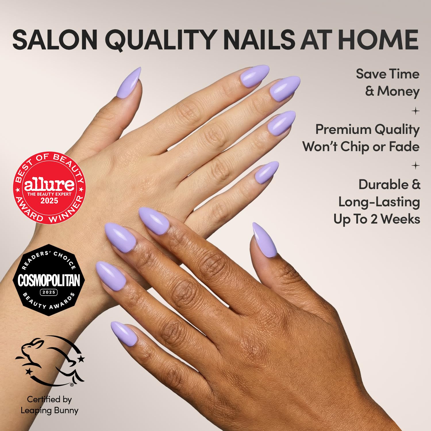 Set Glamnetic de 30 úñas azul lavanda con 15 tallas para ajuste personalizado
