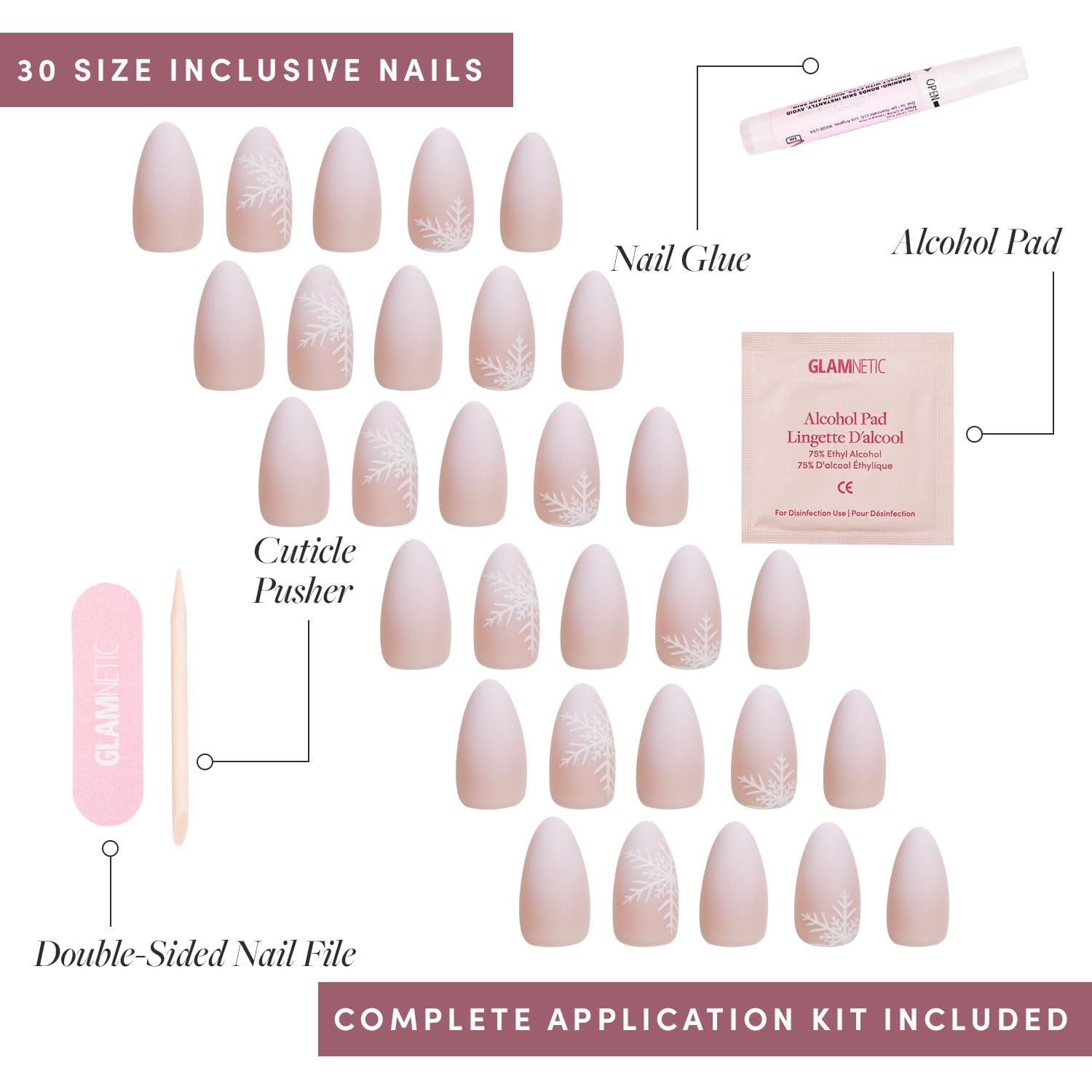 Glamnetic Snowdrift: set de 30 uñas en 15 tallas para ajuste personalizado.