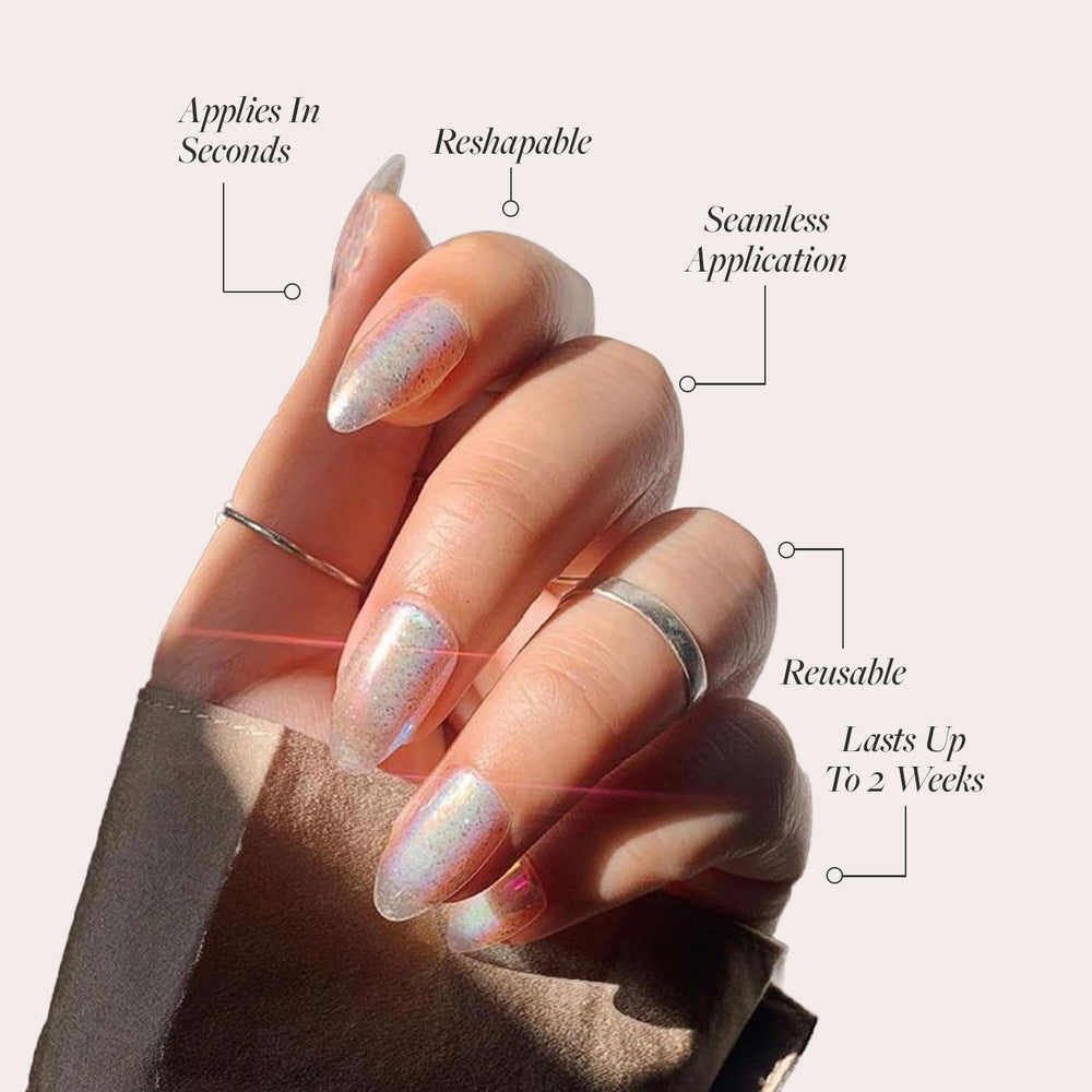 Brillos irisados de Glamnetic Stardust para un acabado glam en eventos.