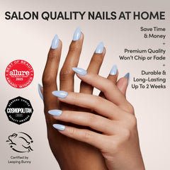 Glamnetic Uñas almendra cortas: acabado azul claro para un look moderno.
