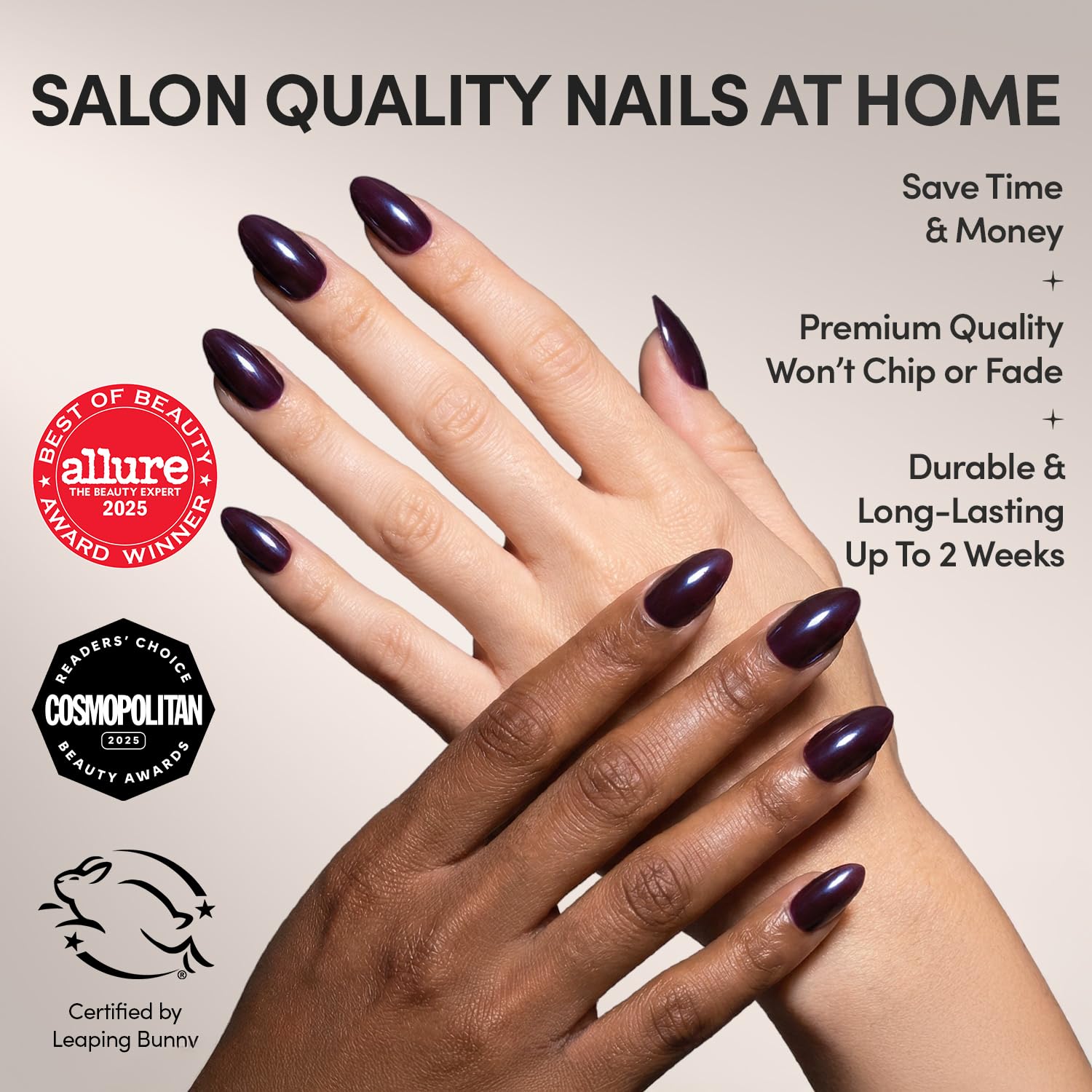 Glamnetic uñas cortas en forma de almendra Burgundy Chrome para un estilo moderno