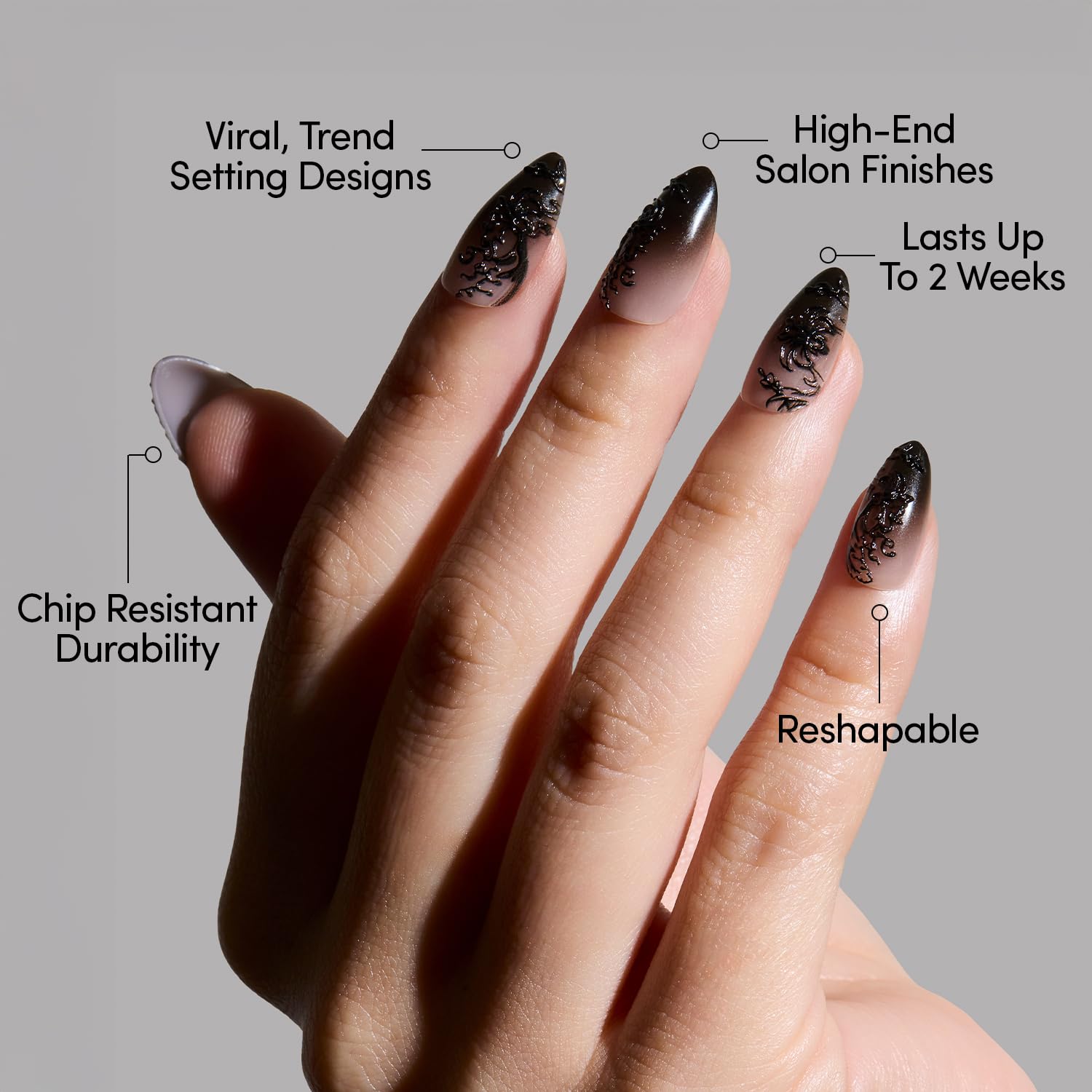 Glamnetic Uñas almendra mediana con acabado brillante, ideal para diario.