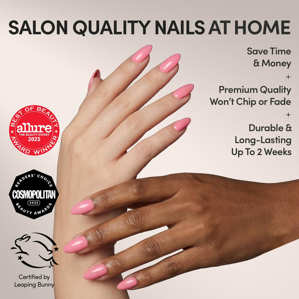 Glamnetic uñas cortas en forma de almendra Rosa Flamingo, estilo diario y cómodo.