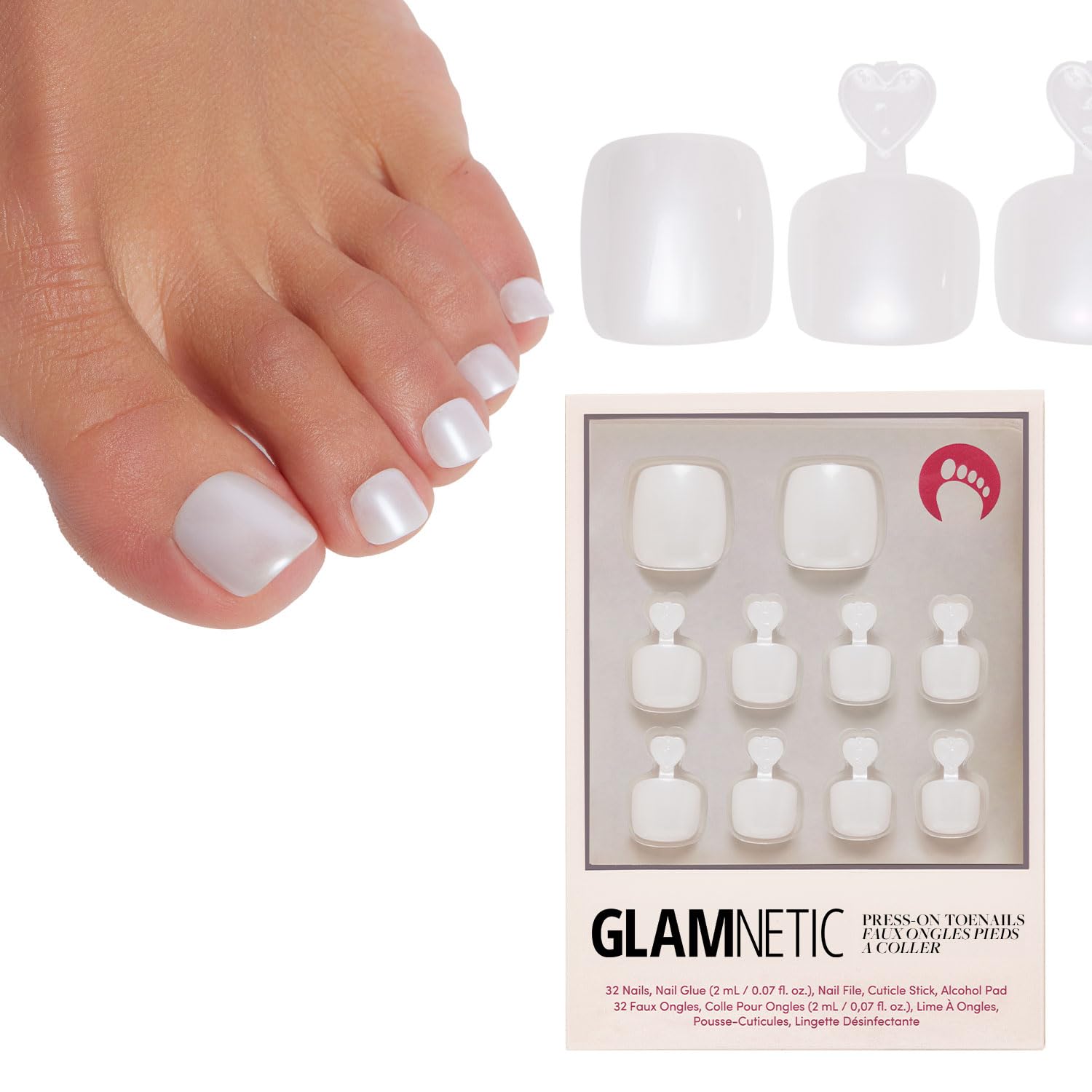 Glamnetic Hailey: uñas de los dedos del pie perladas con brillo para un look elegante.