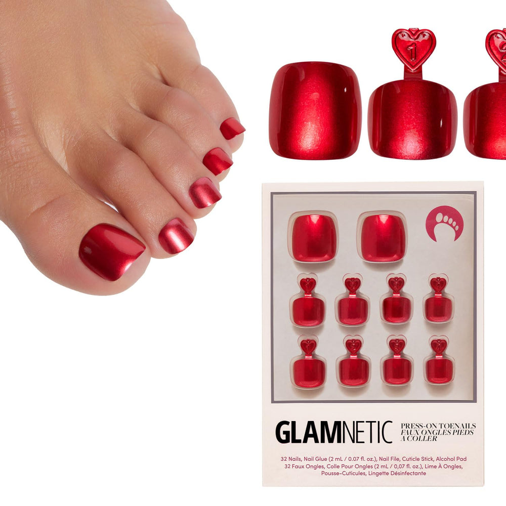 Glamnetic úñas para dedos de pie con acabado glaze en caja práctica para almacenamiento.