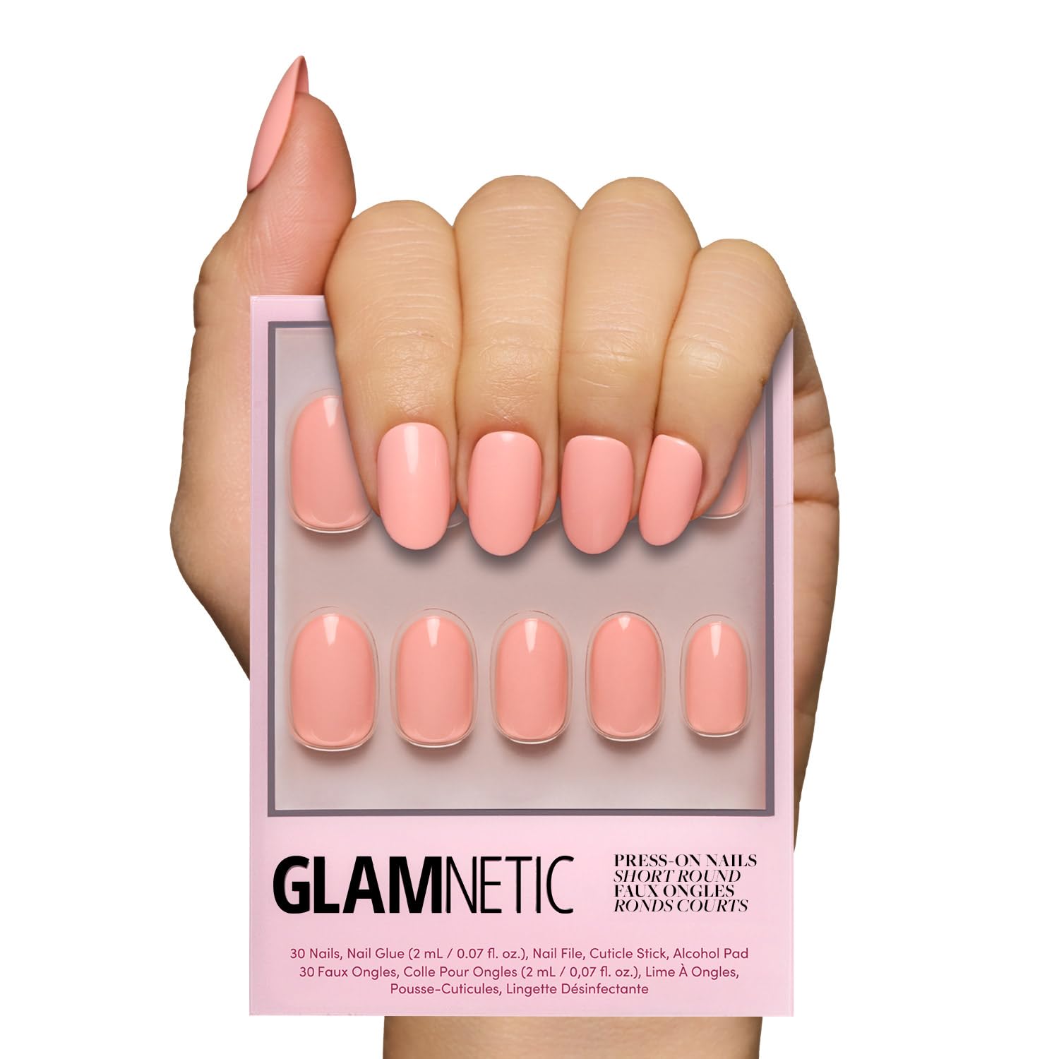 Glamnetic Uñas Durazno Coral con brillo, apariencia de salón en casa.