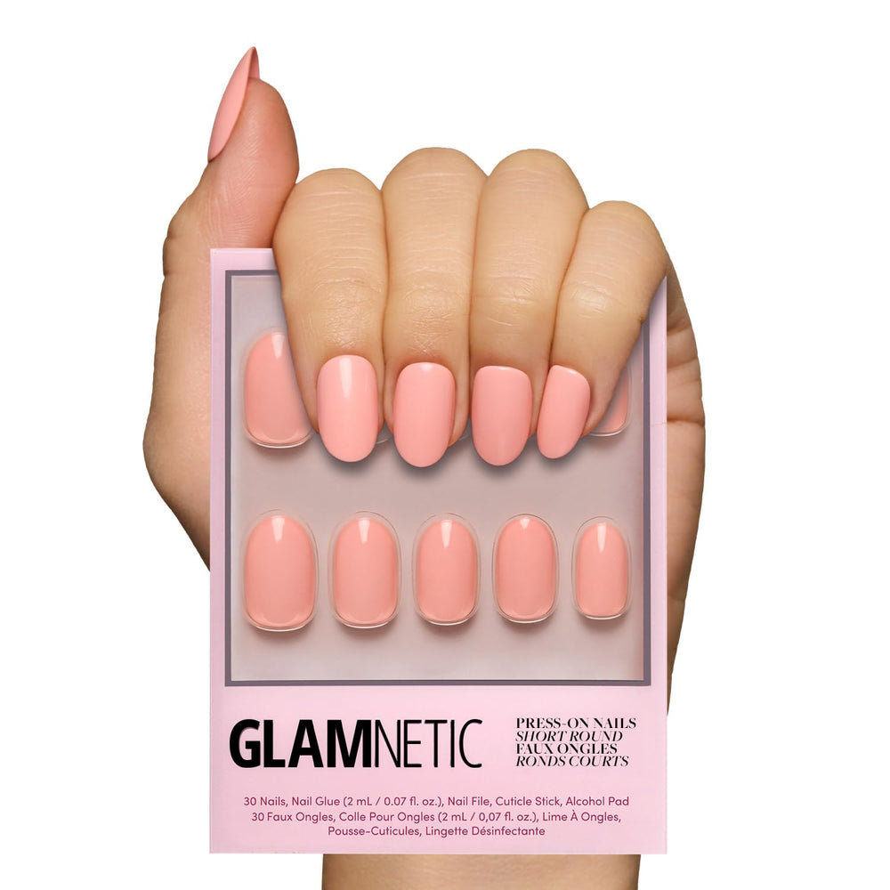 Glamnetic Uñas Durazno Coral con brillo, apariencia de salón en casa.