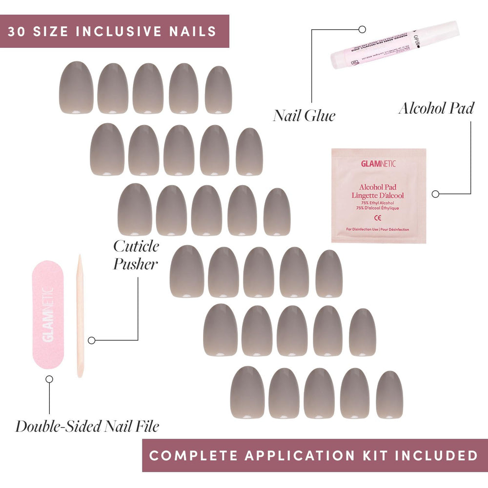 Glamnetic Uñas Gris Puro: incluye pegamento, lima doble cara y accesorios para reutilizar.