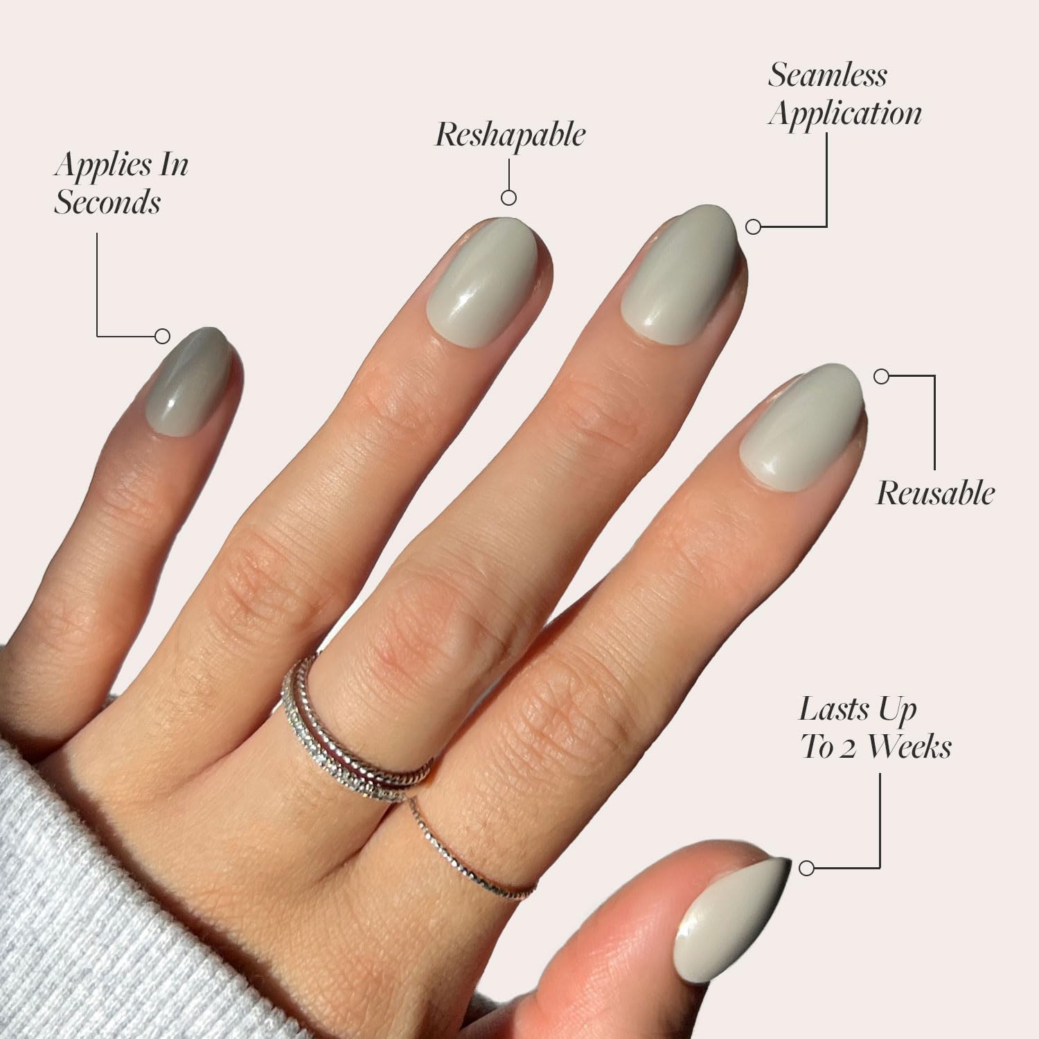 Glamnetic Uñas Gris Puro: durabilidad de hasta 2 semanas con acabado de alto brillo.