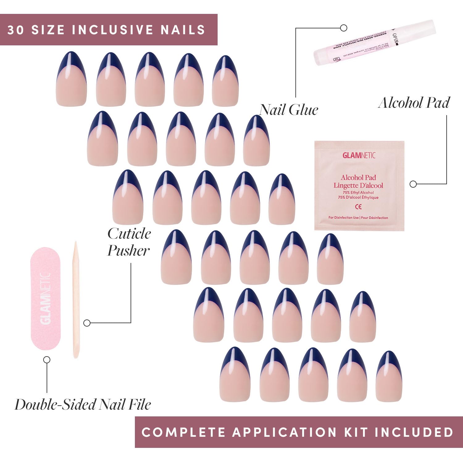 Glamnetic Uñas Pegables Riviera Francesa con pegamento y lima de doble cara