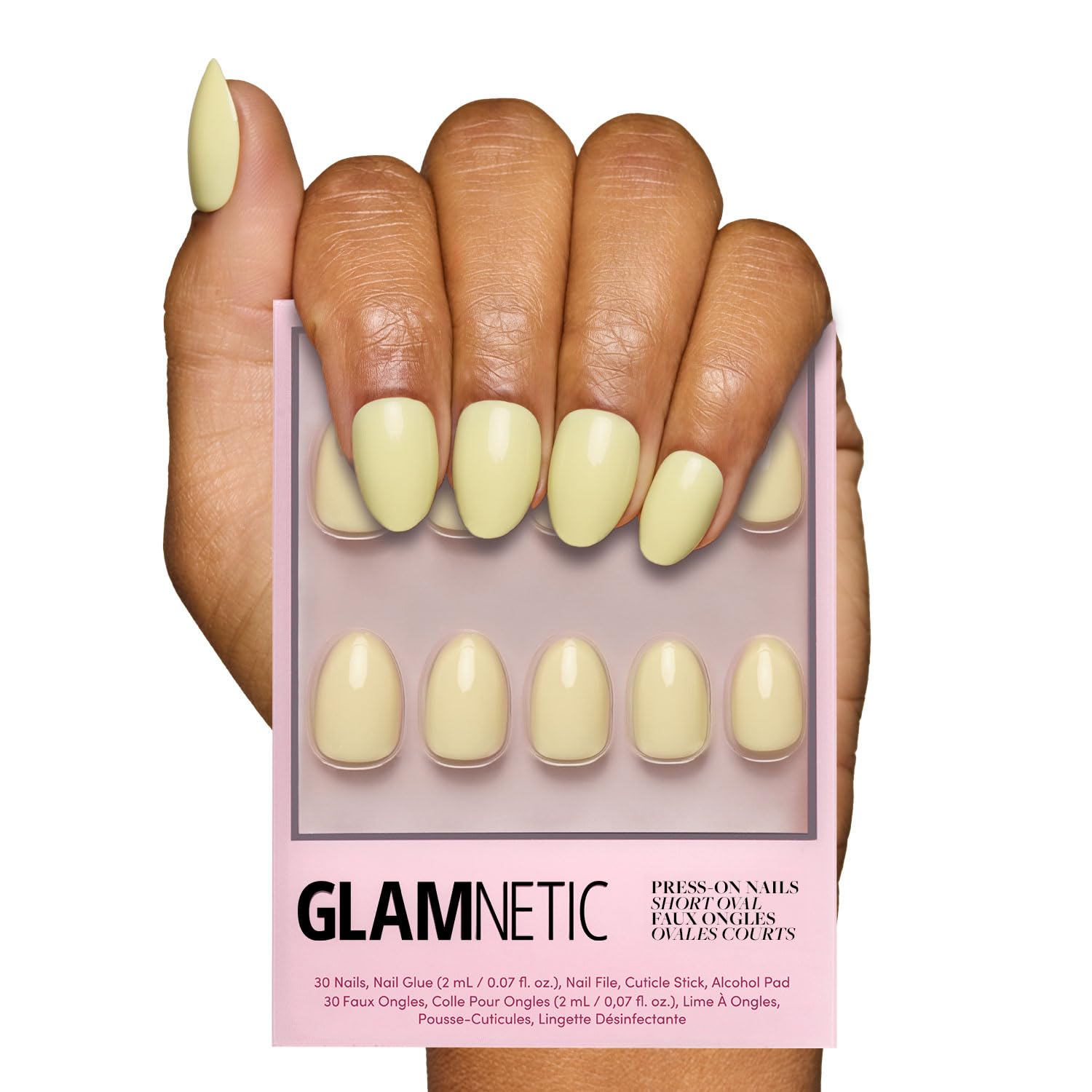 Glamnetic uñas postizas amarillas pastel ovaladas con brillo para look duradero