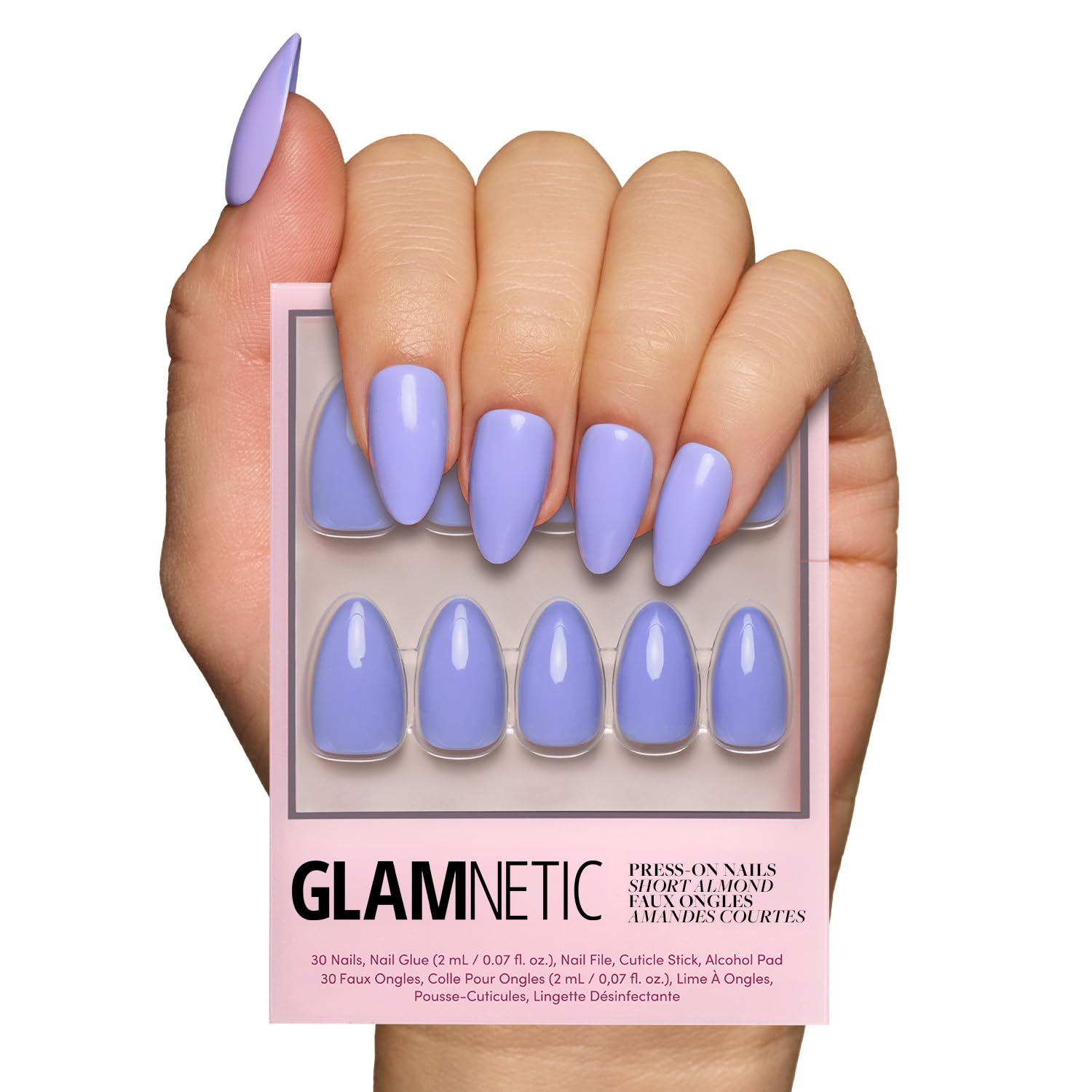 Glamnetic únas postizas azul lavanda en forma almendra con brillo para look diario
