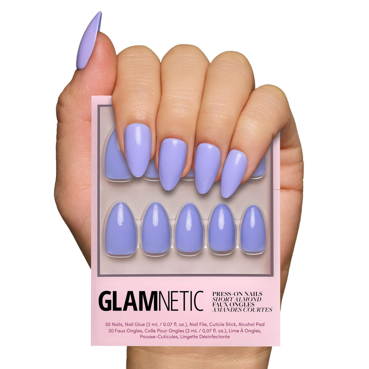 Glamnetic únas postizas azul lavanda en forma almendra con brillo para look diario