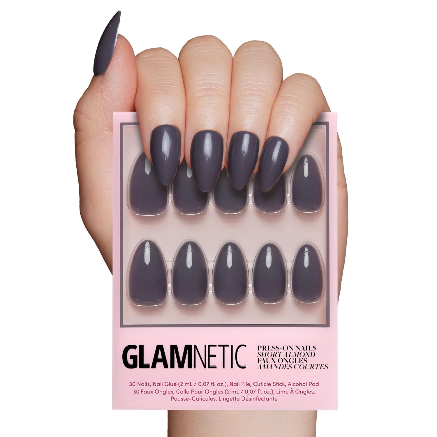 Glamnetic uñas postizas gris ceniza con forma almendra corta y acabado brillante.