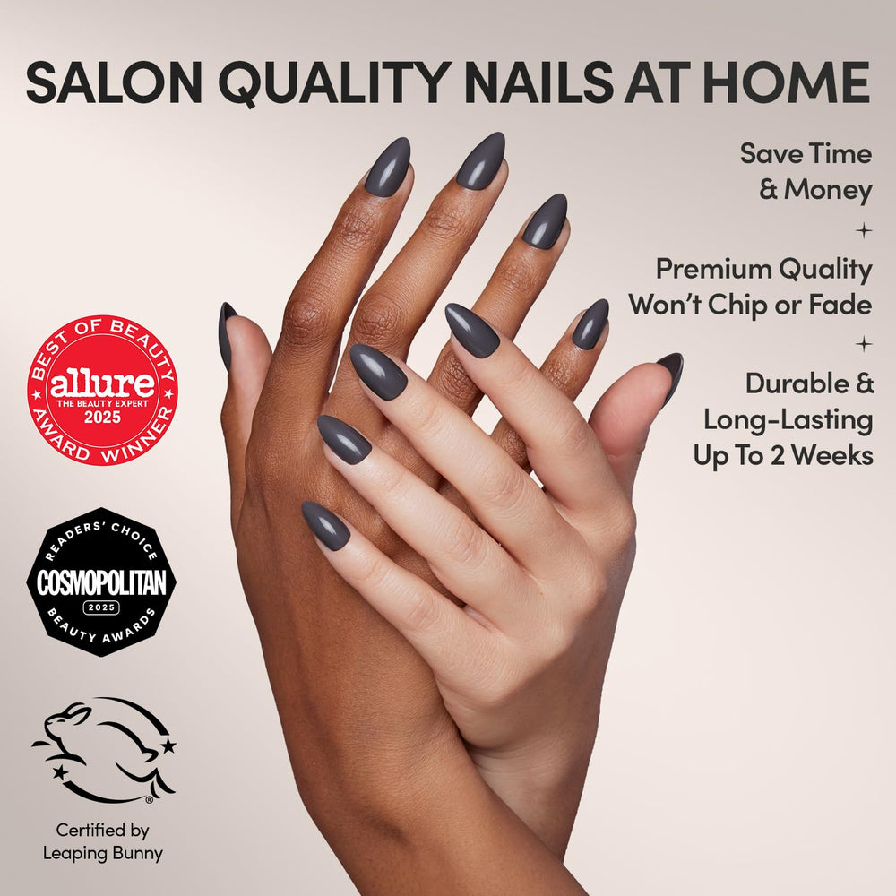 Glamnetic uñas postizas gris humo opaco con ajuste en almendra corto.