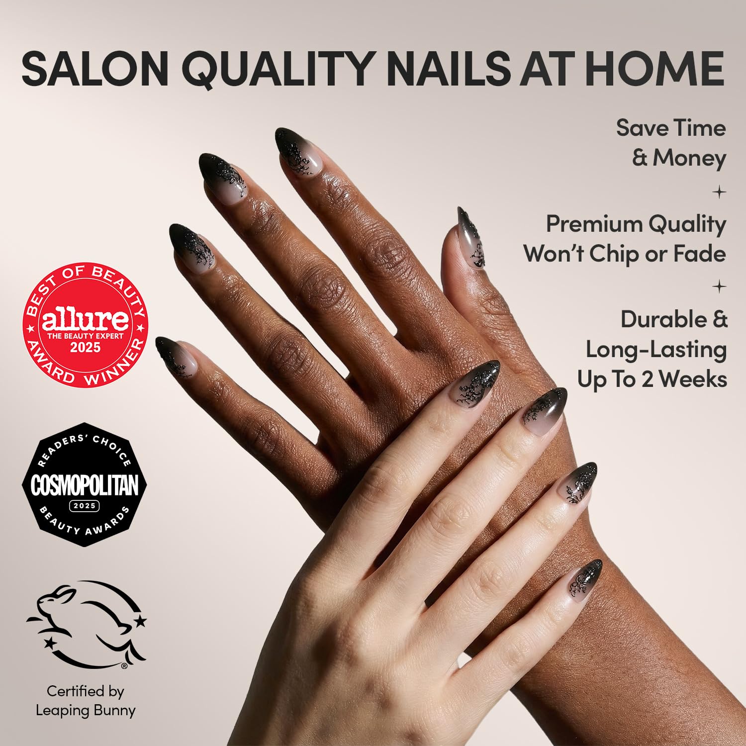 Glamnetic Uñas postizas kit 30 piezas con adhesivo para fijación duradera.