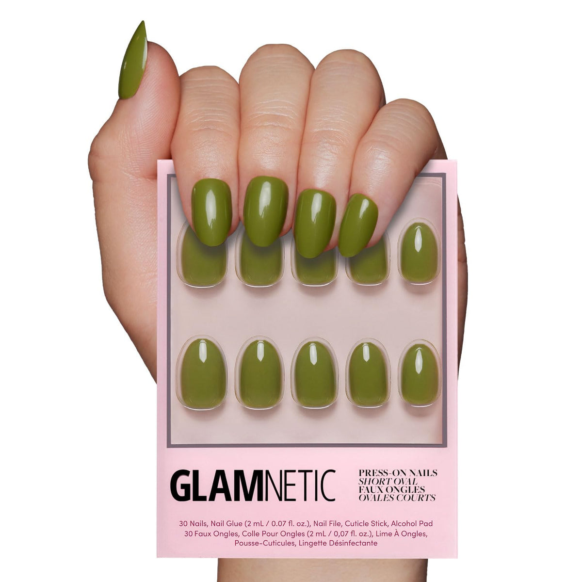 Glamnetic Uñas Moss Green en caja para guardar y transportar con estilo