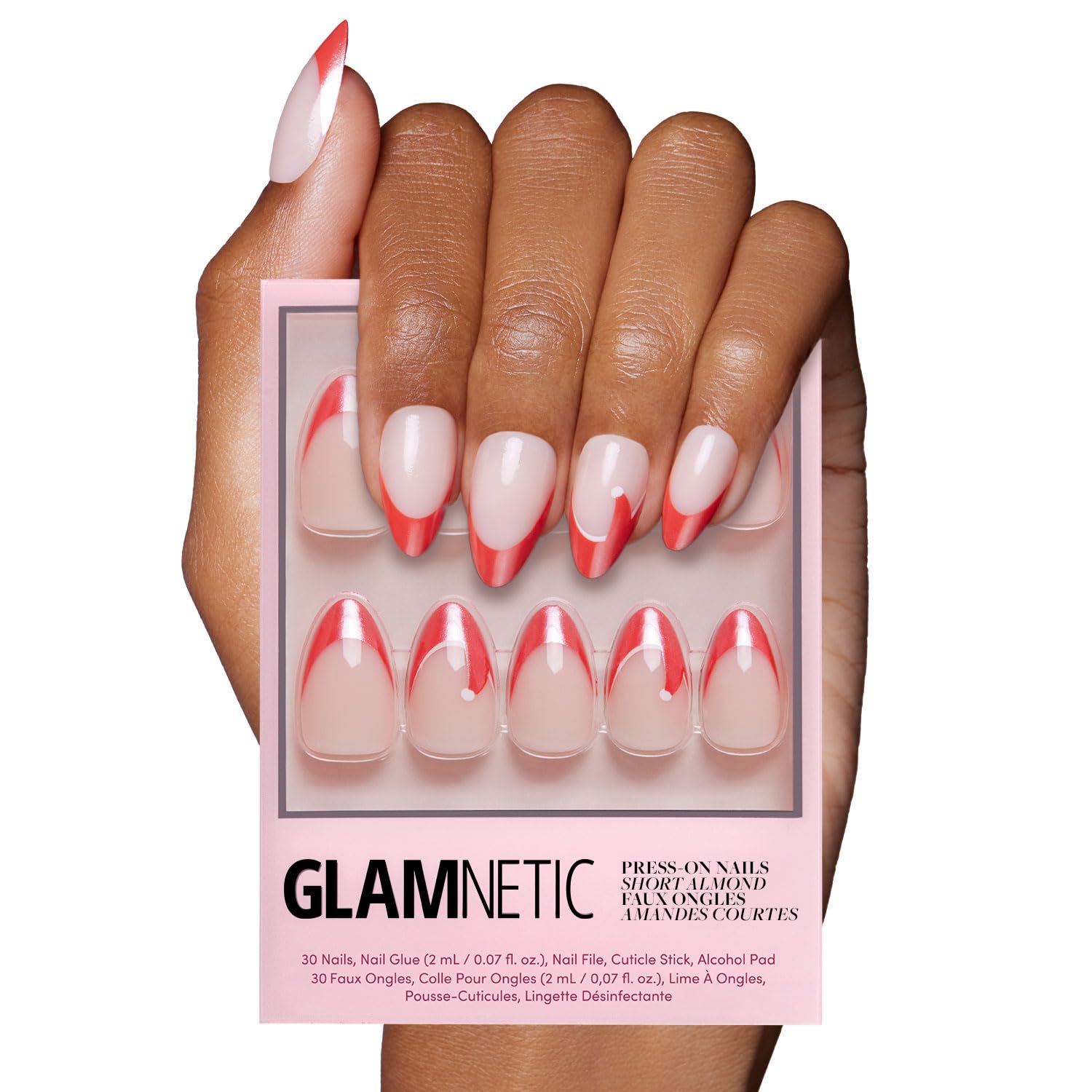 Glamnetic Mrs. Claus uñas postizas con Frances rojo y glaseado brillante, estilo festivo.