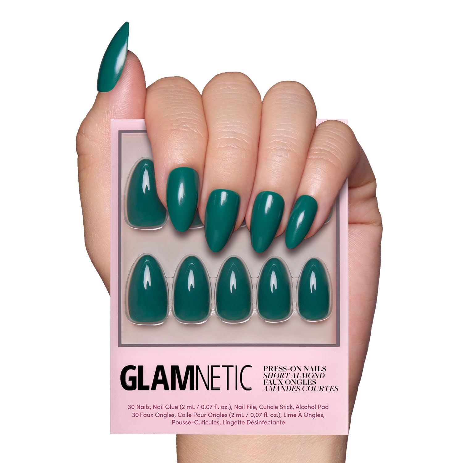 Glamnetic uñas postizas verde esmeralda corto almendra, acabado brillante para estilo glamoroso.
