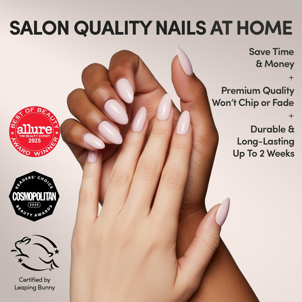 Glamnetic uÃ±as press-on rosado empolvado almendra cortas para uso diario.