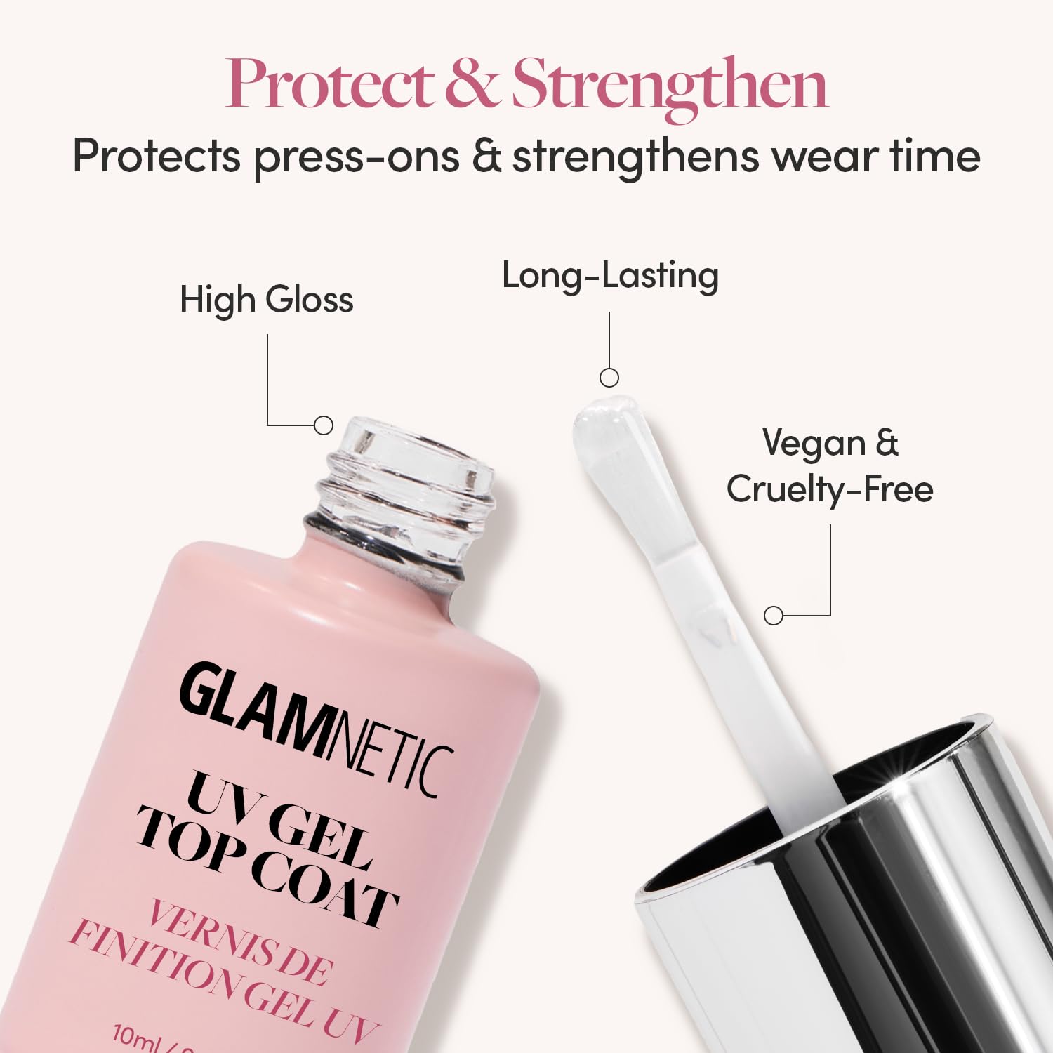 Glamnetic gel UV capa superior transparente: aplicación con brocha para acabado uniforme.