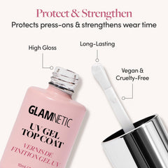 Glamnetic gel UV capa superior transparente: aplicación con brocha para acabado uniforme.