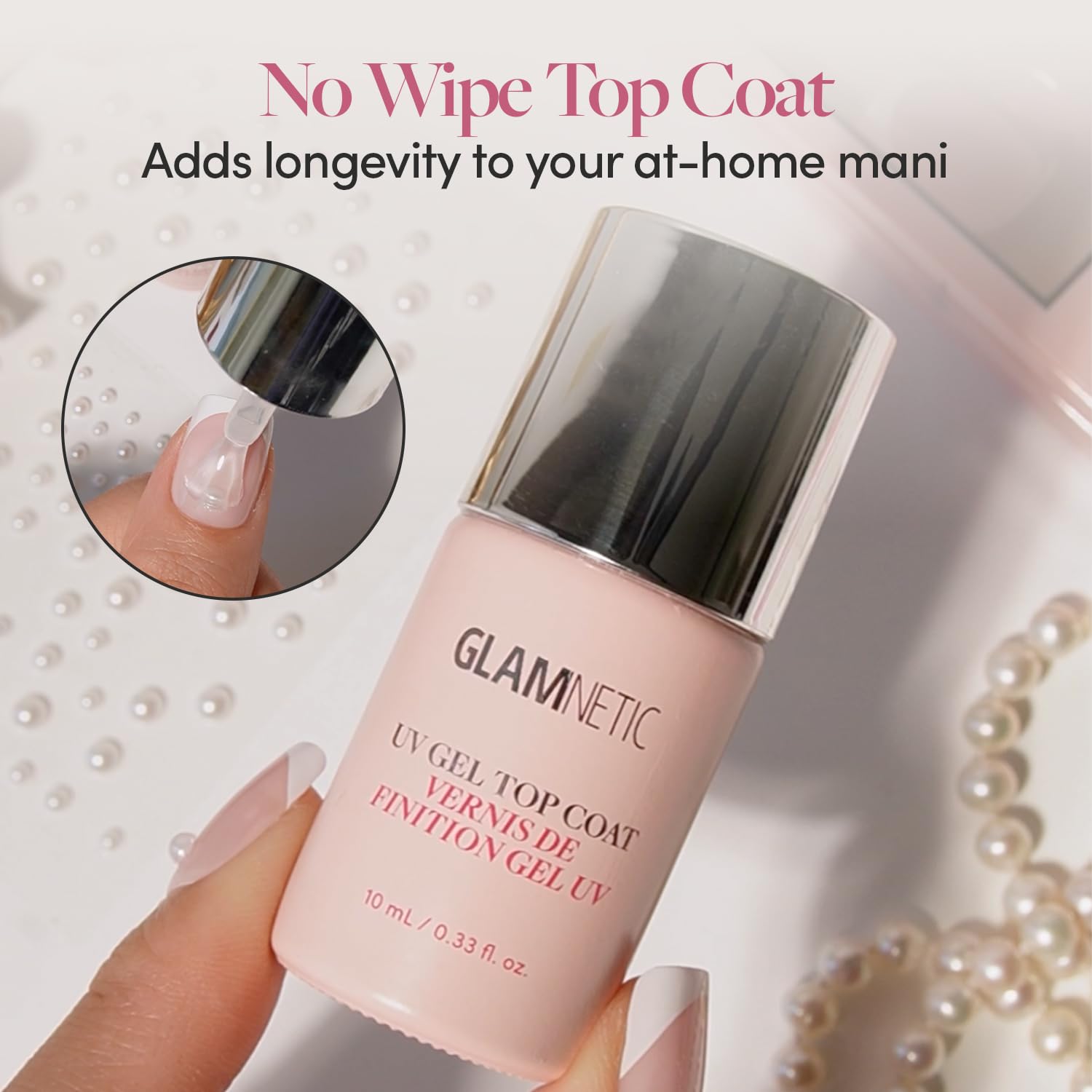Glamnetic gel UV capa superior transparente: uso en uñas naturales para acabado limpio.